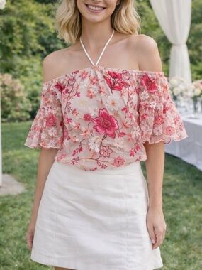 Alexia Admor Floral Embroidered Sheer Blouse Wedding Event Resort Vacation XS